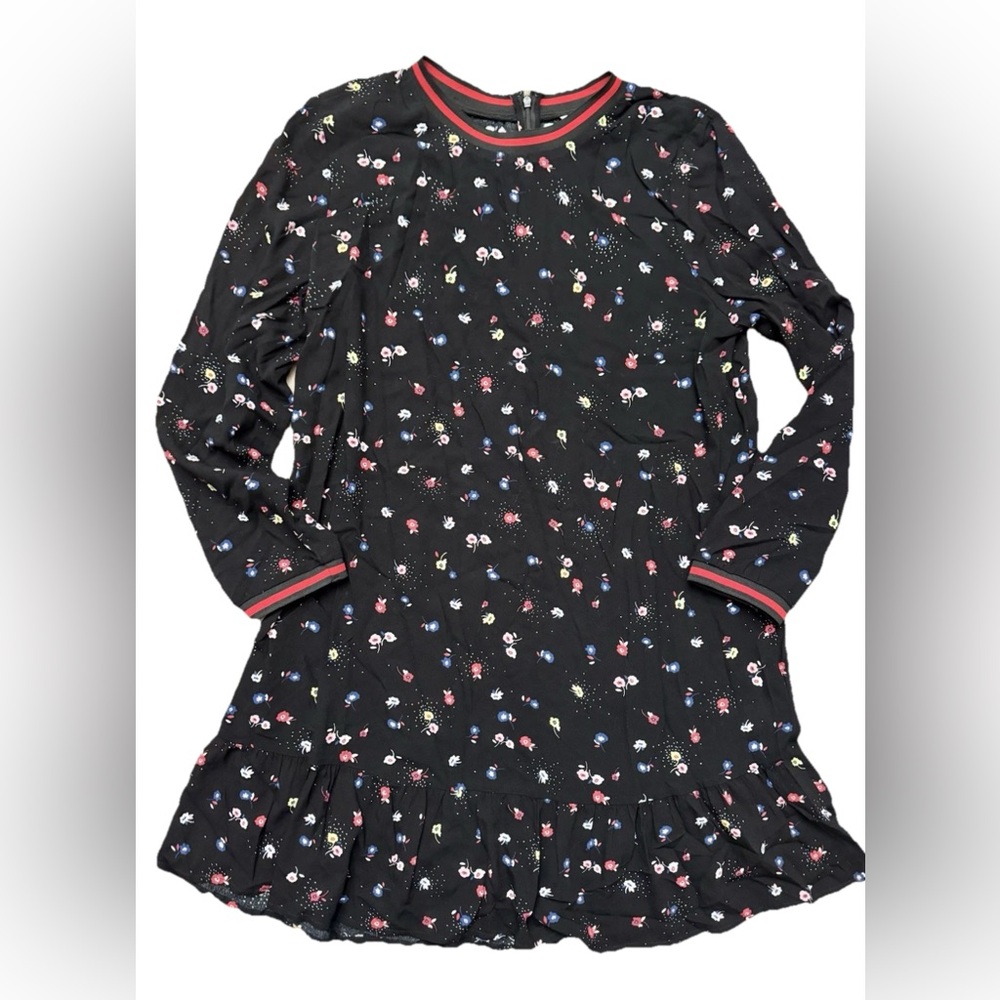 Pop sugar Knee Length Black Floral ladies dress back zip ruffle hem size medium